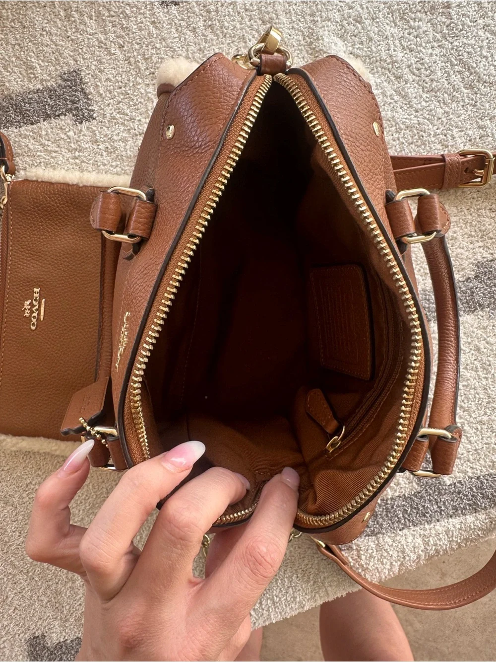 Coach Chestnut Brown Pebbled Leather Satchel with Shearling Trim